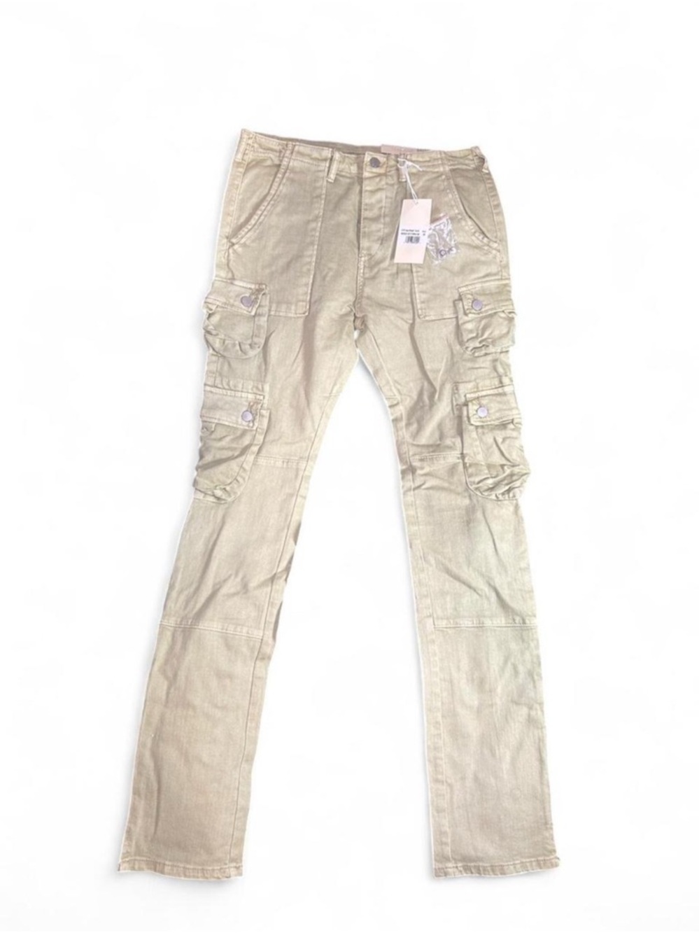 Mnml Cream Stacked Flared Strapped Cargo Straight Denim Jeans - Brand New
